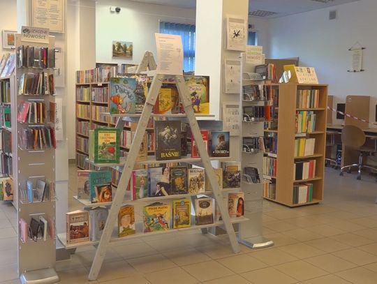 Drabina książek klasycznych w bibliotece w Policach